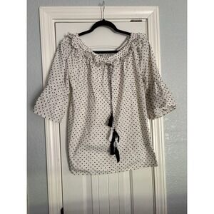 Melissa Paige Polka Dot Peasant Blouse Tassel Tie Boho Cotton Ruffle Top Large